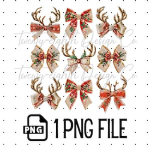 May include: A digital download of eight vintage-style Christmas bows with reindeer antlers. The bows are red, white, and green with gold accents. The background is white with black polka dots. The text "1 PNG FILE" is at the bottom of the image.