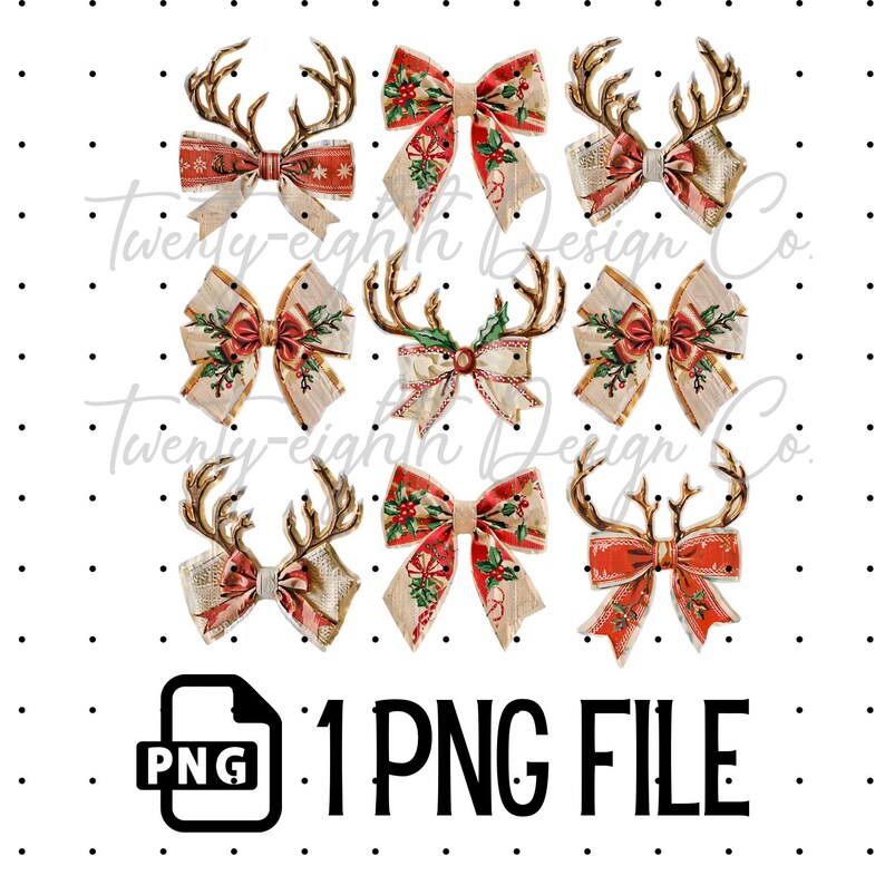May include: A digital download of eight vintage-style Christmas bows with reindeer antlers. The bows are red, white, and green with gold accents. The background is white with black polka dots. The text "1 PNG FILE" is at the bottom of the image.