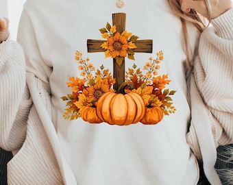 Boho Floral Pumpkin Cross Fall Jesus, Autumn Pumpkin Floral, Retro Fall Png, Fall Cross Bow, Fall Christian Png, Autumn Pumpkin Shirt Design
