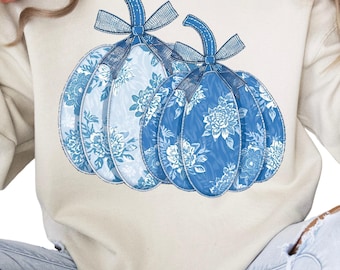 Preppy Floral Pumpkin PNG Stitched Fall Pumpkin Quilted Pumpkin PNG Design T-Shirts Pumokin Harvest Blue Pumpkin Quilted Shirt PNG Fall Png