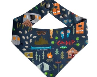 Woodland Camping | Dog & Cat Bandana | Cabin | Curved Reversible Snap-On