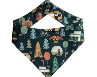 Retro Campers | Dog & Cat Bandana | Adventure Camping Woodlands | Curved Reversible Snap-On