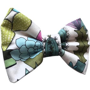 May include: A white bow tie with a cactus and succulent print. The bow tie features green, blue, and pink colors.