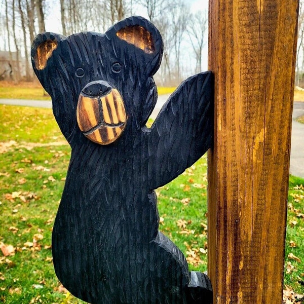 Decorative Hanging Bear Chainsaw Carved Wood Vertical Post Sign