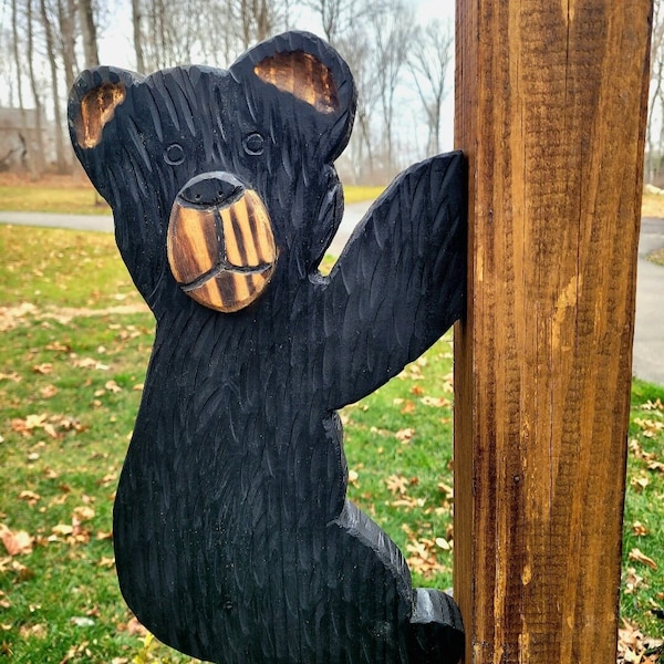 17 inch Hanging Bear Chainsaw Carved Solid Wood Decorative Vertical Post Sign