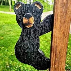 Hanging Bear Wood Post Sign, Chainsaw Carved Rustic Home Decor