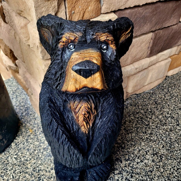 Handmade Realistic Chainsaw Carved Standing Greeter Black Bear Sculpture
