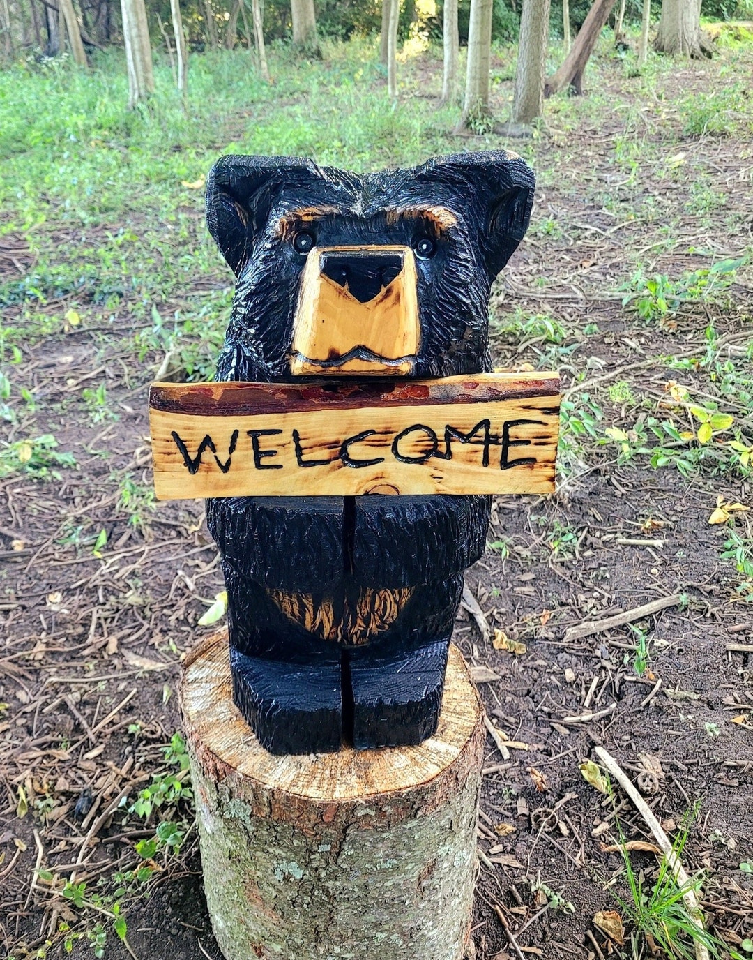 Chainsaw Carved Bear Sculpture, Rustic Sign, Front
