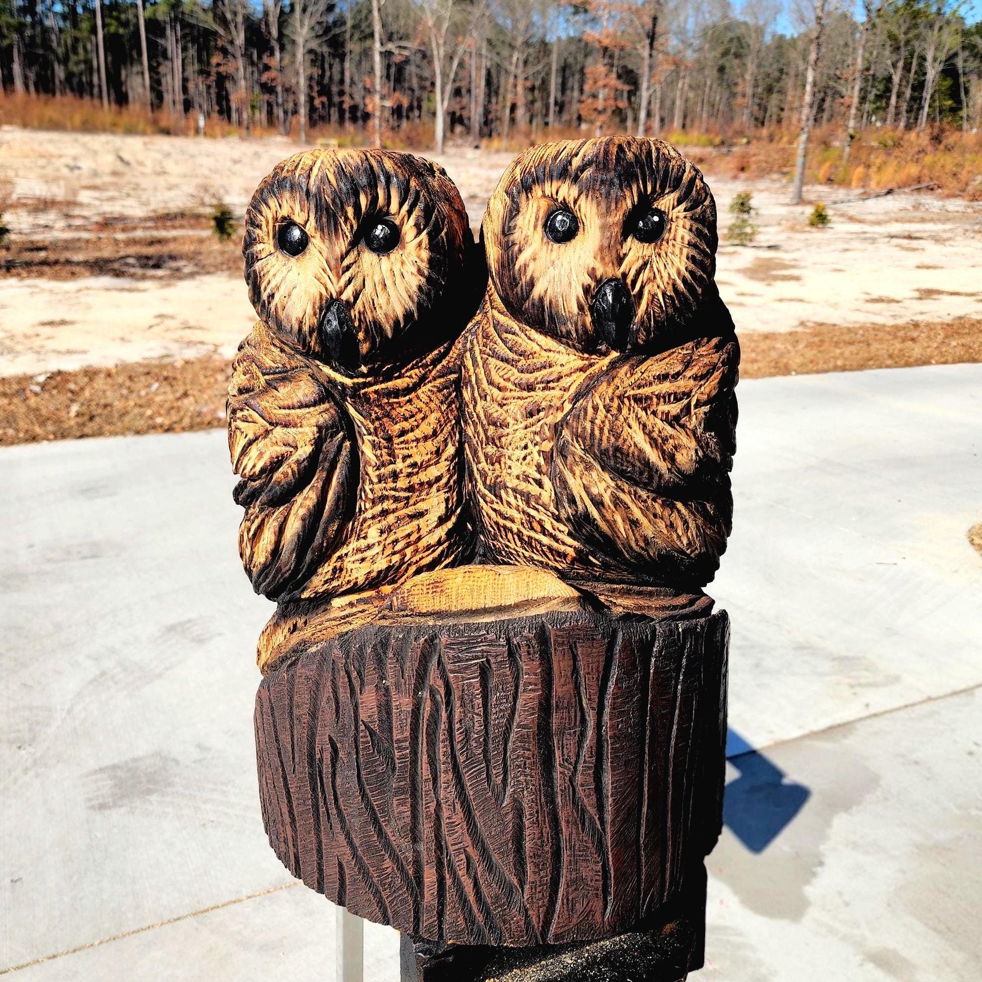 Large Chainsaw Carved Two Owl Sculpture, Wooden Bird Statue, Special Gift