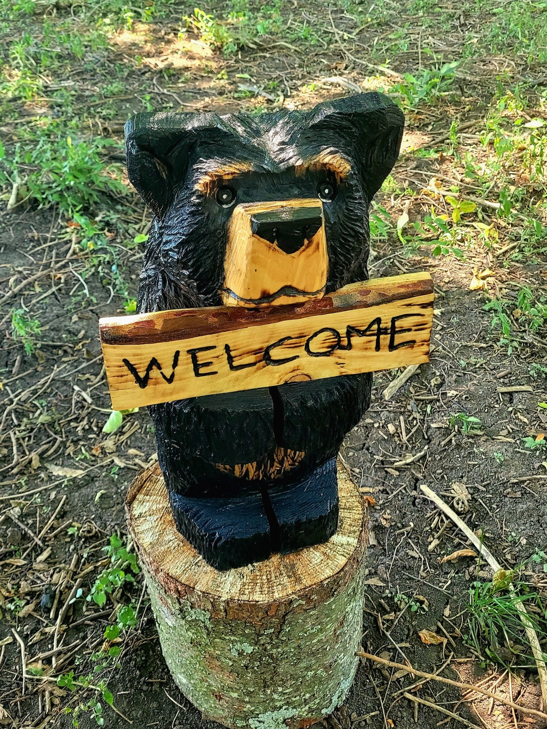 Chainsaw Carved 22 Bear Holding Sign Sculpture, Front Porch