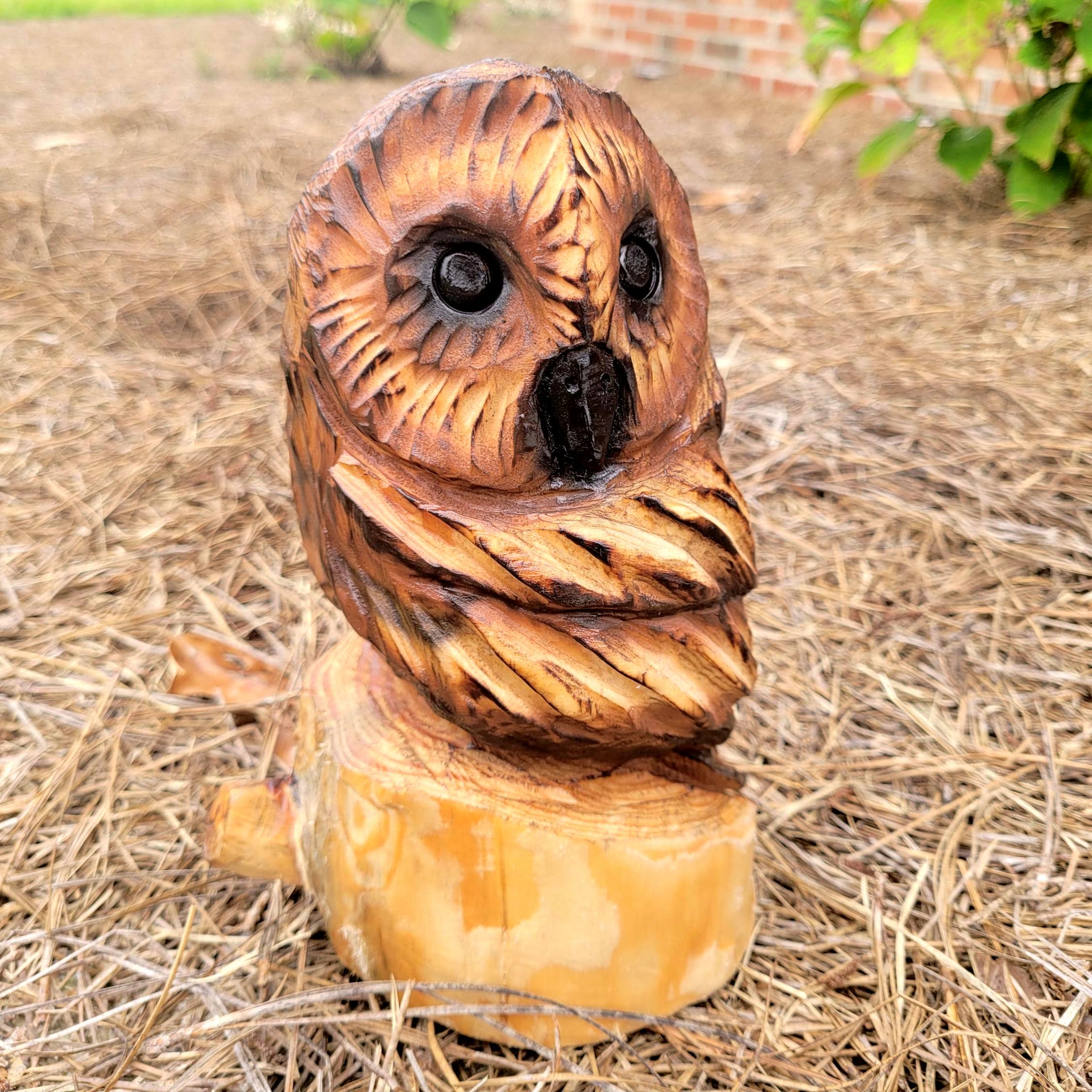 Chainsaw Carved Owl Sculpture, Wooden Owl Figurine