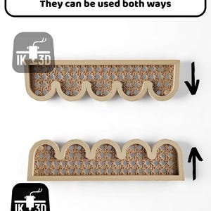 May include: Two decorative wall shelves with a scalloped edge and woven cane inserts. The shelves are shown in two orientations, with the text "They can be used both ways" above. The logo "IK 3D" is in the bottom left and top left corners.