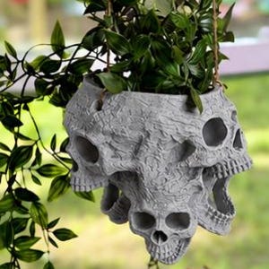 May include: A hanging planter featuring a cluster of grey, textured skulls arranged in a circular pattern. The planter is suspended by thin brown twine and contains a lush green leafy plant with pointed foliage spilling over the sides.