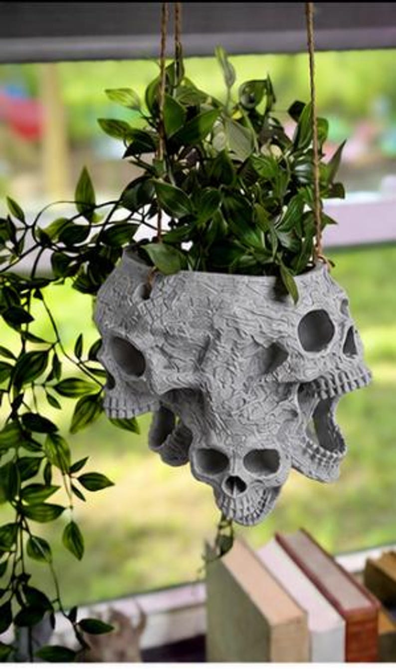 May include: A hanging planter featuring a cluster of grey, textured skulls arranged in a circular pattern. The planter is suspended by thin brown twine and contains a lush green leafy plant with pointed foliage spilling over the sides.