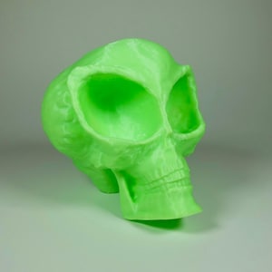 May include: A bright green alien skull sculpture made of plastic. The skull has large eye sockets and a detailed jawline.