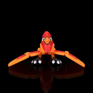 May include: A brightly colored, articulated bird toy with a red head and orange body and wings. The bird's wings are spread, and it has black feet with white toes. The toy is set against a black background.