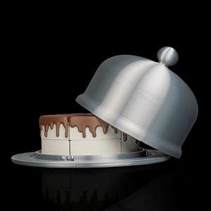 May include: A decorative cake with chocolate frosting and a silver cloche. The cake has a white base with a chocolate top that is dripping down the sides. The cloche is partially open, revealing the cake.