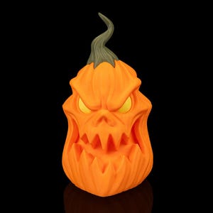 May include: An orange Halloween pumpkin with a menacing face and yellow eyes. The pumpkin has a carved mouth with sharp teeth and a green stem. The background is black.