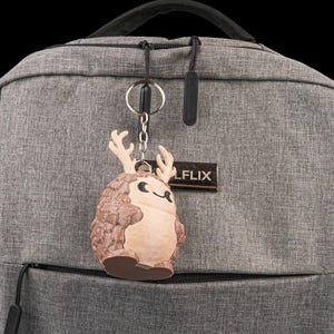 Op de afbeelding: Een bruine en bruinbeige sleutelhanger in de vorm van een egel met geweien hangt aan een zilveren sleutelring die aan een grijze rugzak is bevestigd. De sleutelhanger heeft een lachend gezicht en is gemaakt van een textuurrijk materiaal. De rugzak heeft een zwarte rits en een klein zwart label met "LFLIX".