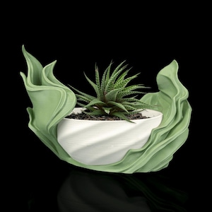 May include: A unique, light green, sculptural planter cradling a small succulent. The planter has a white, textured interior pot. The outer design features flowing, leaf-like forms. The background is black, highlighting the plant and planter.