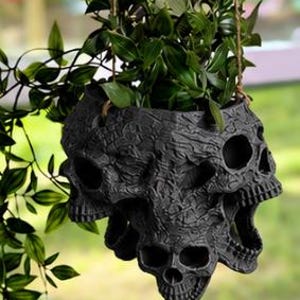 May include: A matte black hanging planter featuring a cluster of sculpted skulls with intricate textured details. The planter is suspended by thin brown twine and contains a lush green trailing plant with pointed leaves extending outward.