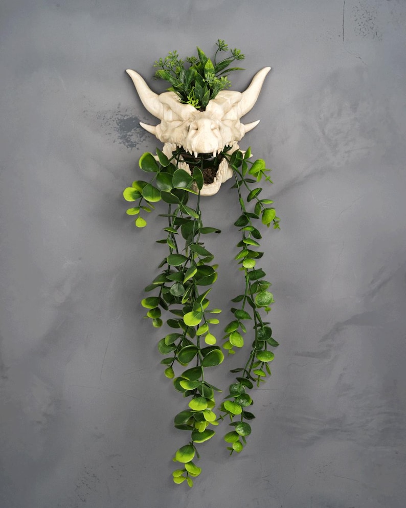 Puede incluir: Un macetero de pared con forma de cabeza de drag&oacute;n color crema con follaje verde. La cabeza del drag&oacute;n tiene cuernos y una cara detallada, con vegetaci&oacute;n que sale de su boca. Las plantas colgantes a&ntilde;aden un toque natural.