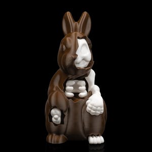 Può includere: Un coniglio di cioccolato marrone con uno scheletro bianco all'interno. Il coniglio è rotto per rivelare lo scheletro.