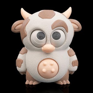May include: A whimsical, cartoon-style cow figurine with a white body, brown spots, and a light brown udder. The cow has large, expressive eyes, small horns, and a neutral expression. The figurine is set against a black background.