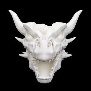 Puede incluir: Escultura de cr&aacute;neo de drag&oacute;n blanco con cuernos, dientes afilados y boca abierta. La escultura tiene una superficie texturizada y detallada, sobre un fondo negro. Es un art&iacute;culo decorativo de tem&aacute;tica fant&aacute;stica.