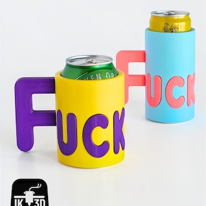 May include: Two colorful can coolers, one yellow with purple accents and the other blue with pink accents, each with the word "FUCK" on the side. Each cooler holds a beverage can. The coolers have a handle.