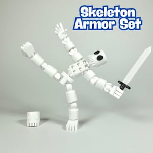 May include: White articulated skeleton action figure holding a sword. The figure is posed in a dynamic action pose. The text "Skeleton Armor Set" is visible in the background.