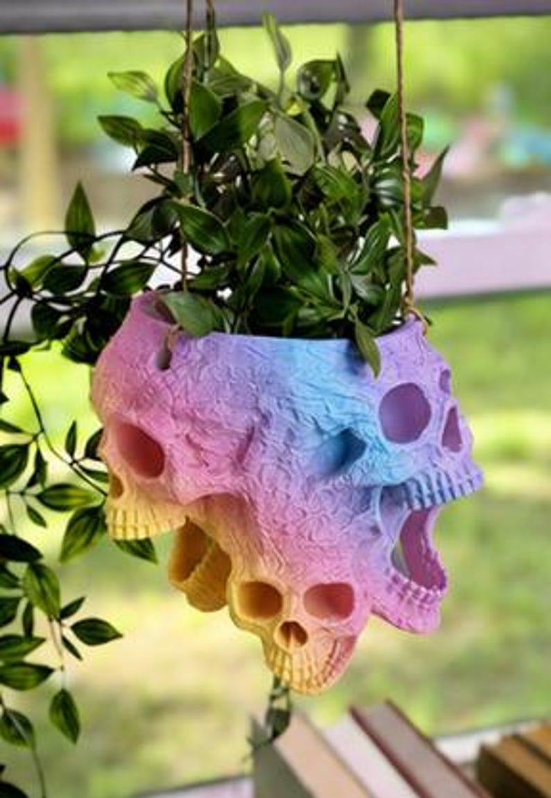 May include: A hanging planter shaped like a cluster of skulls with a textured surface and a gradient color scheme transitioning from yellow to pink, blue, and purple. A green leafy plant grows out of the top of the skull-shaped container.