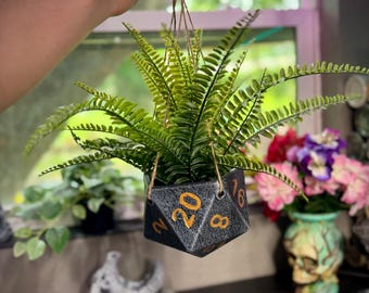 May include: A hanging planter shaped like a twenty-sided die, with gold numbers on a dark gray surface. The planter holds a vibrant green fern. The planter is suspended by twine. Other plants and a skull-shaped vase are visible in the background.