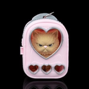 May include: A pink cat carrier-shaped ornament with a heart-shaped window displaying a grumpy-looking orange cat. The carrier has three heart-shaped openings at the bottom and a silver-colored loop at the top for hanging.