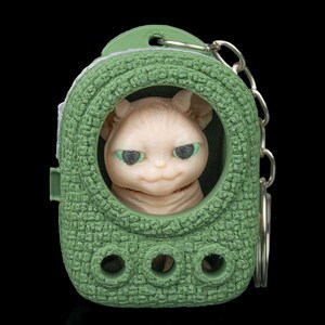 May include: A green keychain featuring a Sphynx cat figurine inside a textured, rounded case. The cat has green eyes and a neutral expression. The keychain has a silver chain and a black background.