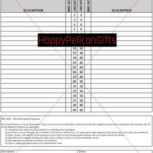 May include: A residential electrical panel schedule with columns for circuit information and descriptions. The document includes a section for NEC 2023-408.4 descriptions and the HappyPelicanGifts logo.