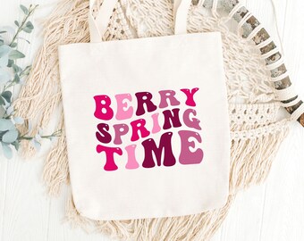 Berry spring time tote bag,strawberry,gift her,mom,mothers day,birthday present girl,friend,trendy,fruits,summer,berries,groovy,pink tee