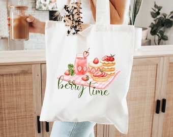 Berry time tote bag,strawberry lover,gift bags her,mom,mothers day,birthday present girl,friend,cute,trendy,fruits,pink cake,summer,berries