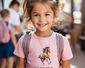 Paarden T-shirt voor schoolkinderen, roze, leuk cadeau-idee voor meisjes die naar school gaan, paarden T-shirt, roze en wit, petekind, nichtje dat in 2025 naar school gaat, eerste schooldag, dier