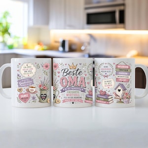 Pode incluir: Três canecas de cerâmica branca com ilustrações florais coloridas, corações e texto em alemão. Os designs incluem frases como Beste Oma, Ein Herz voller Liebe, juntamente com imagens de uma casa de pássaros, livros e um regador com lavanda.