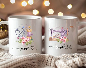 Personalized sewing mug, handmade sewing, name, seamstress, custom text, tailor, woman, gift, birthday, girlfriend, mom, grandma, coffee mug, tea mug