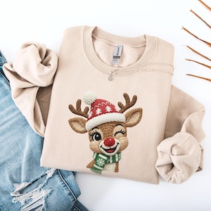 Rentier Weihnachtspullover military green Häkelgarn Digitaldruck ugly Sweater Wolle Reh rot xmas Pulli Freund Frau Geschenk Weihnachten Mann