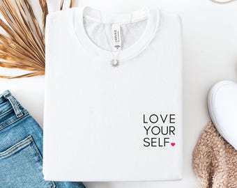 Statement shirt, black, gift idea for a woman's birthday, cute trendy slogan, red heart motif, love, self-love, women's fashion, style, yoga