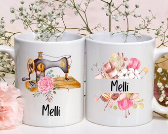 Personalized sewing mug with name, funny saying, custom text, seamstress, DIY hobby sewing, sewing machine, woman, gift, birthday, friend, coffee mug