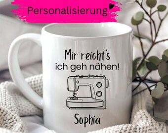 Funny sewing mug with personalization: name, sewing, custom text, woman's birthday gift, ceramic coffee mug, sewing machine birthday present