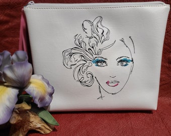 Embroidered Makeup Bag or Clutch "Feathers"