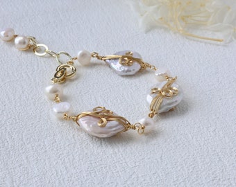 Süßwasser Perle Armband, Draht Gewickelt Einstellbar Armband, große barocke Perle, Braut Armband Brautjungfer Geschenk, Gold Farbe Messing Draht