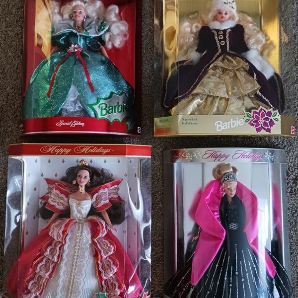 Lot of 4 Happy Holidays Barbies, 1995, 1996, 1997, 1998, NRFB, Unopened Boxes, Vintage Barbie, Christmas Barbies by Mattel