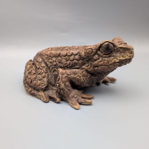 May include: A brown, textured frog figurine with a detailed, bumpy surface across its back and limbs. The sculpture features prominent, dark, round eyes and a wide mouth, capturing the amphibian in a seated, resting position.