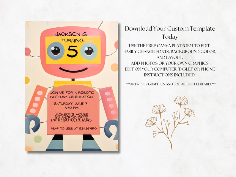 Child's Robot Birthday Party Invitation. Kid's Birthday Invite ...